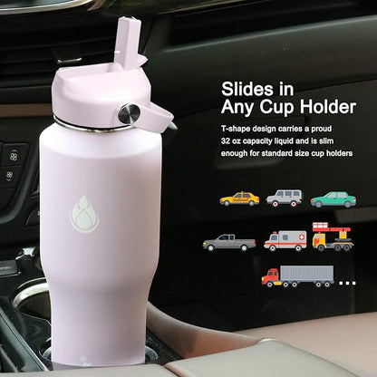 SENDESTAR 32oz Water Bottle Wide Mouth Stainless Steel Vacuum Insulated Double Wall with 2 Straw Lids Fit in Any Car Cup Holder TXIN-32-LV-1