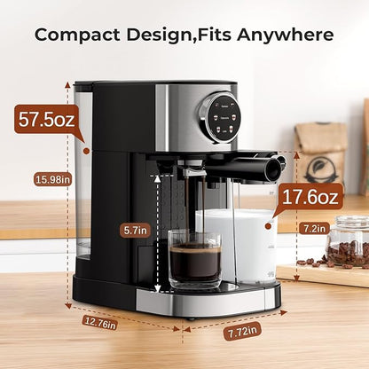 20 Bar Compact Espresso Machine with Steam Milk Frother，Professional Espresso Maker for Home and Office，1350W Touchscreen Cappuccino ＆ Latte Machine，57oz Detachable Water Tank，Black