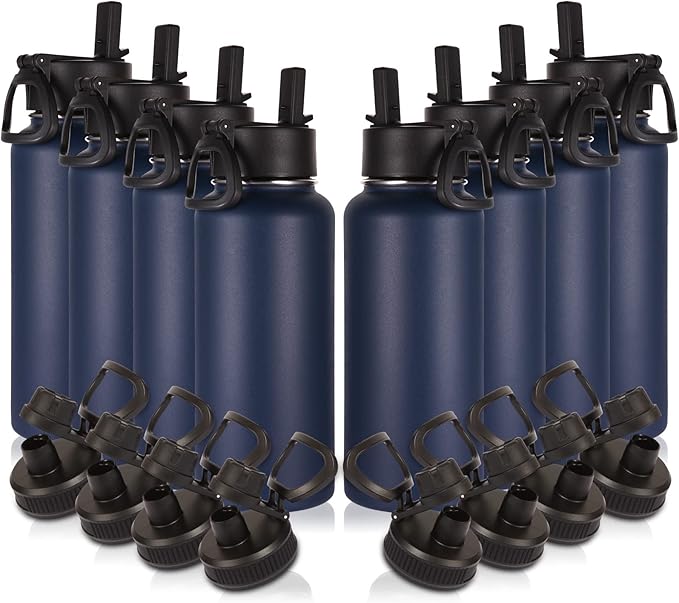 Volhoply 32oz Insulated Water Bottles Bulk 8 Pack with Straw Lid & Spout Lid,Stainless Steel Sports Water Bottle,Double Wall Vacuum Cups,Leakproof Wide Mouth Metal Flask for Hiking,Camping(Navy,8)