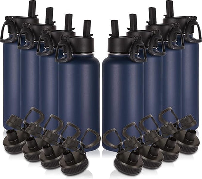 Volhoply 32oz Insulated Water Bottles Bulk 8 Pack with Straw Lid & Spout Lid,Stainless Steel Sports Water Bottle,Double Wall Vacuum Cups,Leakproof Wide Mouth Metal Flask for Hiking,Camping(Navy,8)