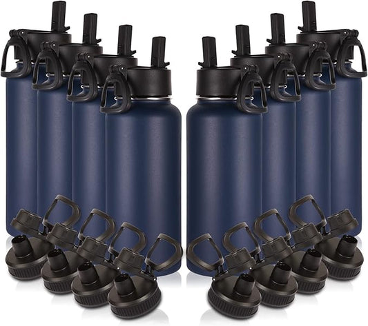 Volhoply 32oz Insulated Water Bottles Bulk 8 Pack with Straw Lid & Spout Lid,Stainless Steel Sports Water Bottle,Double Wall Vacuum Cups,Leakproof Wide Mouth Metal Flask for Hiking,Camping(Navy,8)