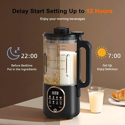 50oz Nut Milk Maker Machine, 10 in 1 Automatic Plant Based Milk Maker for Homemade Oat, Coconut, Chowder, Juice, Soy Milk with 20 Blades,Delay Start, Boil Water, Keep Warm & Auto Clean