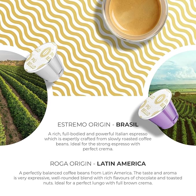 Piu Bello Espresso Coffee Pods – Variety Pack for Nespresso Original Machines – Light Roast, Dark Roast, Chocolate, Nutty, Caramel – Kosher, Rich & Balanced (120 Count, 6 Flavors)