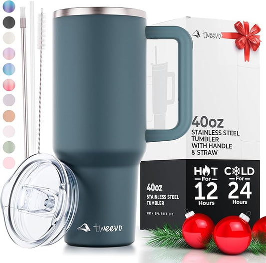 40 oz Tumbler With Handle and Straw Made of Stainless Steel - Double Wall Vacuum Insulated Tumbler With Lid - Sweat Proof Easy Grip, BPA-Free, Dishwasher Safe Tumbler (Charcoal)