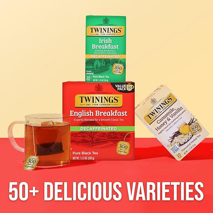 Twinings Decaffeinated Irish Breakfast Black Tea Individually Wrapped Bags, 20 Count (Pack of 1), Flavourful, Robust, Enjoy Hot or Iced, 20 Teabags