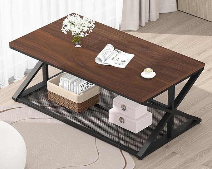 IBF Walnut Coffee Table with Storage, Industrial Wood Metal Rectangle Living Room Table, Vintage 2 Tier Middle Center Table with Mesh Shelf, Walnut, 47 inch