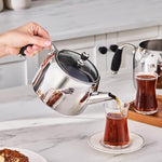Load image into Gallery viewer, Karaca Stella Stainless Steel Turkish Teapot Set XL, 1L Tea Pot &amp; 2L Water Tank (Kettle), Stove Top/Induction Compatible, Elegant Silver Color, Easy to Clean, Heat-Resistant Handles