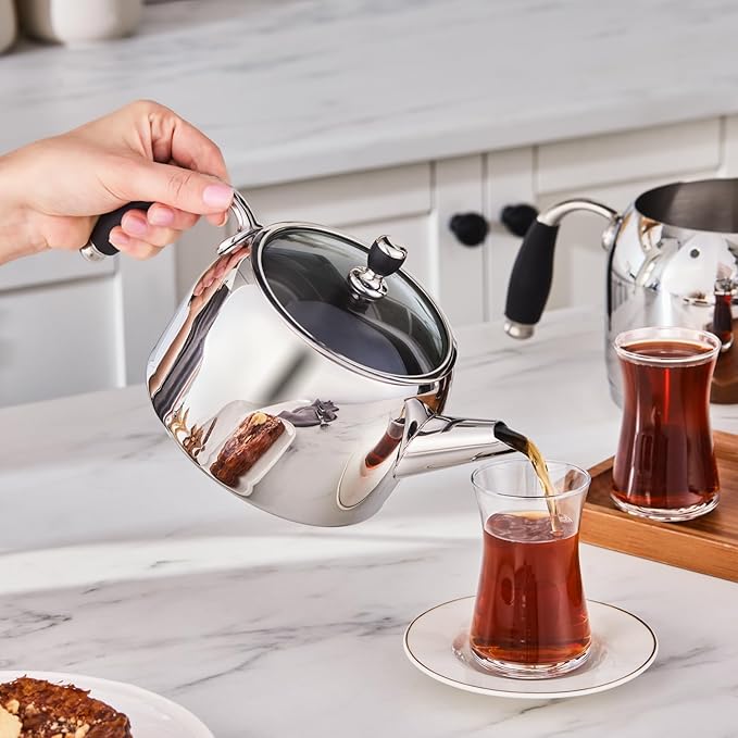 Karaca Stella Stainless Steel Turkish Teapot Set XL, 1L Tea Pot & 2L Water Tank (Kettle), Stove Top/Induction Compatible, Elegant Silver Color, Easy to Clean, Heat-Resistant Handles