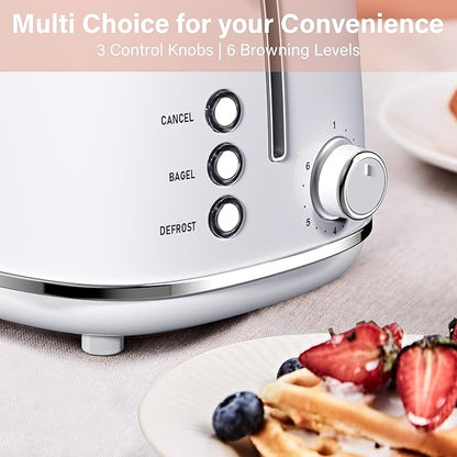 Roter Mond 2 Slice Toaster Retro Stainless Steel with Bagel, Cancel, and Defrost Functions, 6 Bread Shade Settings, Extra Wide Slots and Removable Crumb Tray, White
