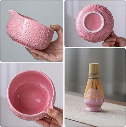 Matcha Whisk Set, 7 Pcs Pink Ceramic & Bamboo Matcha Kit with Bowl, Whisk, Holder, Scoop, Rest, Sifter, Tea Towel