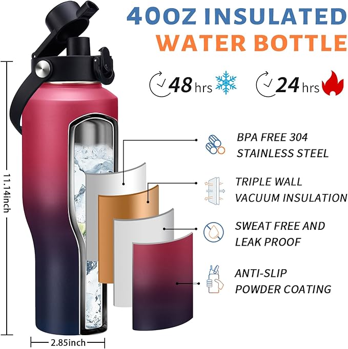 Insulated Water Bottle 40 oz - Fits in any Car Cup Holder, Keep Cold 48H Hot 24H, Stainless Steel Waterbottle Double Wall Flask with Straw, Pop-up Spout Lid, Paracord Handle, Carrier Bag