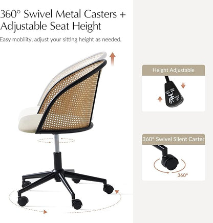HULALA HOME Rattan Home Office Desk Chair with Curved Backrest, Caster Wheels, Height Adjustable, Accent Task Computer Chair for Home Work, Conference, Dining Room, Linen