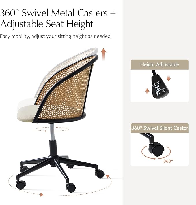 HULALA HOME Rattan Home Office Desk Chair with Curved Backrest, Caster Wheels, Height Adjustable, Accent Task Computer Chair for Home Work, Conference, Dining Room, Linen