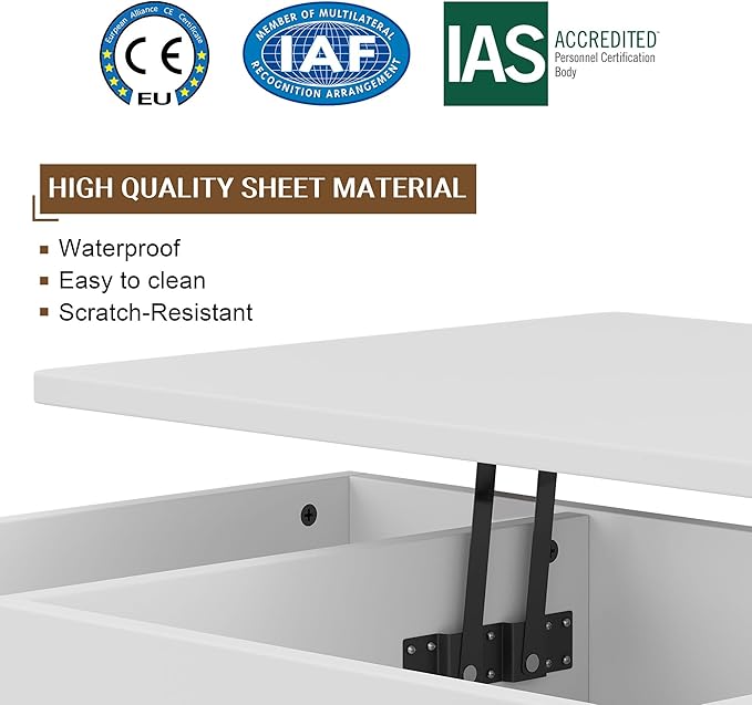 Shintenchi Coffee Table, Lift Top Coffee Table with Hidden Compartment, Rising Tabletop Dining Table, Lift Top Coffee Center Table for for Living Room, Office, Home (White)