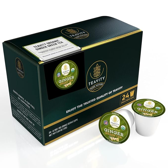 Green Tea & Ginger Tea Pods for Keurig - Caffeinated, Organic, Dye Free, Unsweetened, Herbal Blend for K Cup Machines - Hot or Iced (24 Tea Pods)