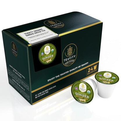 Green Tea & Ginger Tea Pods for Keurig - Caffeinated, Organic, Dye Free, Unsweetened, Herbal Blend for K Cup Machines - Hot or Iced (24 Tea Pods)