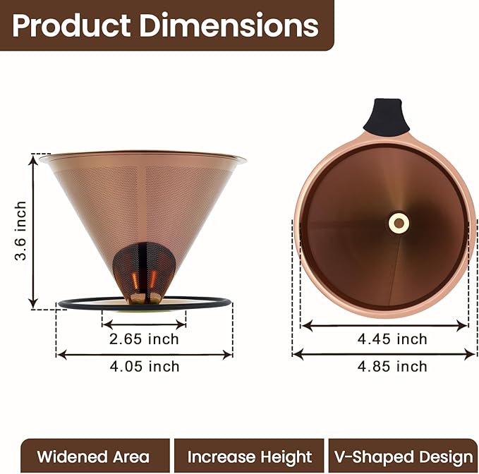 【2.0 Upgraded】 Pour Over Coffee Dripper, Stainless Steel Drip Cone Brewer, Reusable Metal Coffee Strainer with Non-Slip Ring & Handle, Paperless Pour Over Coffee Maker (2.0 Titanium Copper)