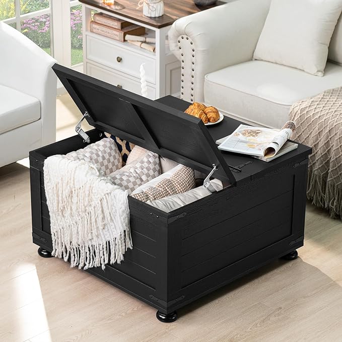 Farmhouse Coffee Table with Hidden Storage,Wood Square Center Table for Living Room, Large Rustic Cocktail Tables with Flip-Top Lids, Farm House Tables with Wooden Gourd Feet,Natural Black