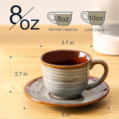 Ceramic Espresso Cups with Saucers 8 Oz,Set of 4 Cappuccino Mug with Handle for Coffee,Tea,Latte and Macchiato,Porcelain Demitasse Cups Set for Kitchen and Cafe,Christmas Gift,Brown