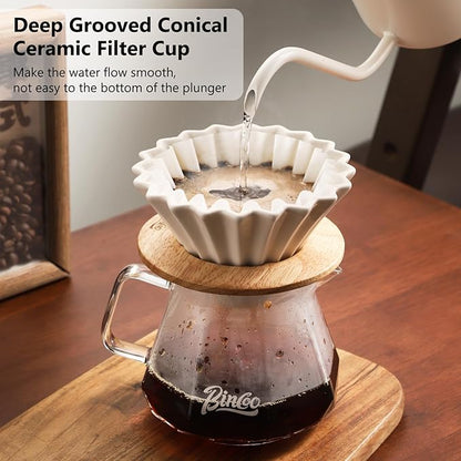 Bincoo 400ML Pour Over Coffee Maker Set with Filter Paper,Ceramic Pour Over Coffee Dripper 1-2 Cups-Professional Coffee Brewing Pot for Home Office(White)