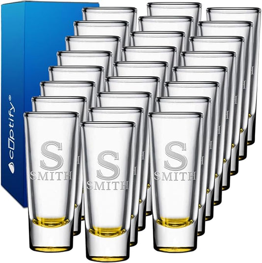 Personalized Shot Glasses Set of 25 Yellow Bottom Custom 2 oz Cordial Shot Glass Initial and Name for Gifts, Weddings, Birthdays, Party, Event, Decorations