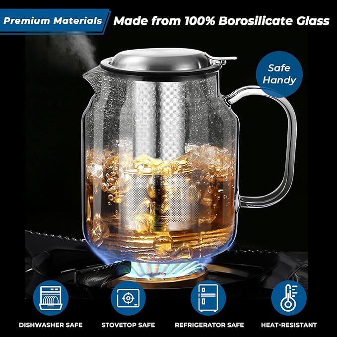 Aquach 85oz Glass Teapot with Stainless Steel Removable Infuser, Stovetop & Dishwasher Safe, Ideal for Brewing Loose Leaf & Blooming Tea