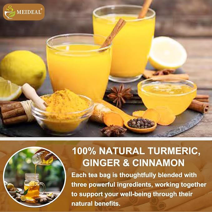 60 Bags Premium Turmeric Ginger Cinnamon Tea, 100% Natural Ingredients Blend, Pure Turmeric Ginger Herbal Tea for Wellness, No Additives, No Sugar, No Caffeine, Vegan (60 Bags)