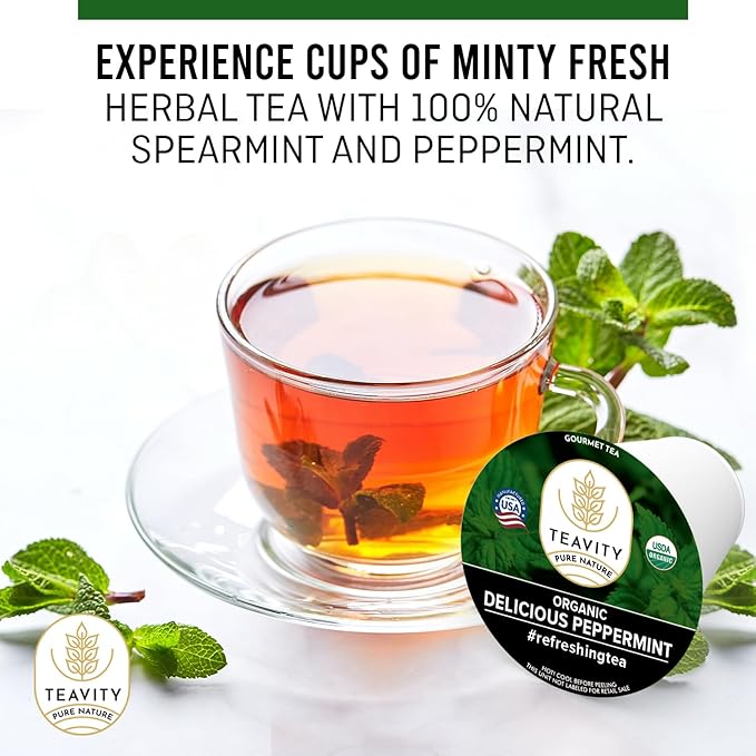 Organic Peppermint Tea Pods for Keurig - Decaf Tea by Teavity (12 Tea Pods)