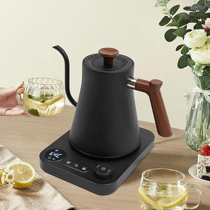 Electric Gooseneck Kettle, 1200W Precision Gooseneck Spout Designed with LED display, Digital Goose Neck Kettle for Quick Heat Up, Stainless Steel, Black, 0.9 Liter