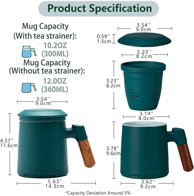 ZENS Tea Cup with Infuser and Lid, 12oz Green Tea Mug for Loose Leaf Tea Steeper, Wood Handle Tea Cup with Fine Tea Strainers Hot Diffusers, Ceramic Mugs Accessories for Tea Lovers Gifts
