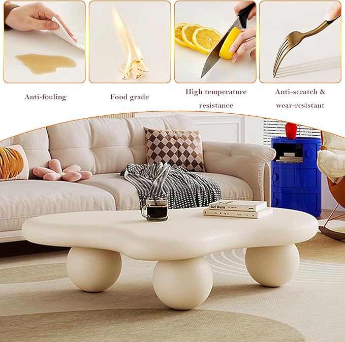 Irregular Cloud Coffee Table with 3 Stable Durable Ball Legs Asymmetrical Chic Low Center Table - Spacious Table for Cups Snacks Fruits Photo (F-47.24in)