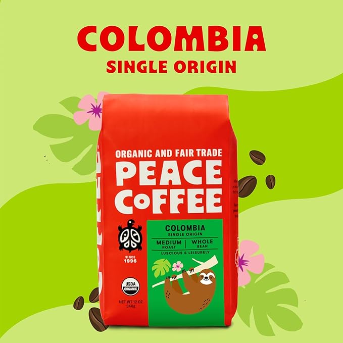 Peace Coffee Colombia Single Origin Coffee | 20 oz Ground Medium Roast | Organic Fair Trade | Smooth, Crisp Flavor | Shade Grown, Fresh Roasted