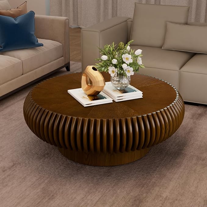 Round Fluted Coffee Table Modern Handcraft Drum Coffee Table with Sturdy Pedestal 31.5" Farmhouse Center Table Tea Table for Living Room, Reception Room, Entertainment Room (Walnut 31.5 inch)