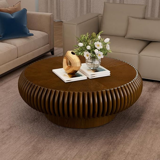Round Fluted Coffee Table Modern Handcraft Drum Coffee Table with Sturdy Pedestal 31.5" Farmhouse Center Table Tea Table for Living Room, Reception Room, Entertainment Room (Walnut 31.5 inch)