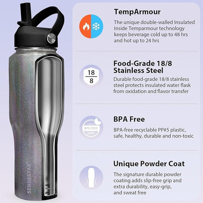 SENDESTAR 40oz Stainless Steel Water Bottle(Cold for 48 Hrs, Hot for 24 Hrs),Double Wall Vacuum Insulated Bottle with Straw Lid, Spout Lid and Flex Cap, Fit in Any Car Cup Holder TXIN-40-Laser Grey