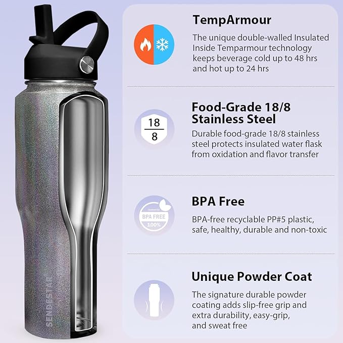SENDESTAR 40oz Stainless Steel Water Bottle(Cold for 48 Hrs, Hot for 24 Hrs),Double Wall Vacuum Insulated Bottle with Straw Lid, Spout Lid and Flex Cap, Fit in Any Car Cup Holder TXIN-40-Laser Grey