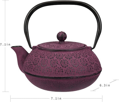 30 oz Cast Iron Teapot Enamel Lining W/Metal Infuser Tea Kettle, Purple