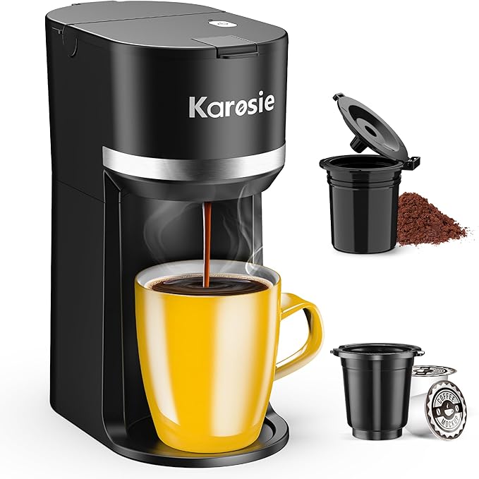 Single Serve Coffee Maker for K-Cup and Ground Coffee, Fast Brew, 6-12 oz Brew Sizes One Cup Coffee Machine Fits 5.5" Mugs, One-Button Small Coffee Maker with Descaling Reminder,Black
