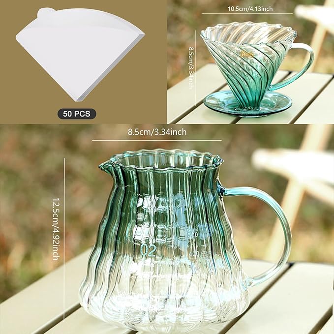 Bincoo Pour Over Coffee Maker Set with Dripper Size 02,600ml Glass Coffee Server Set,60 Angle TaperedGlass Coffee Dripper with Stand&Filter Paper for Home Office Gift (Green)