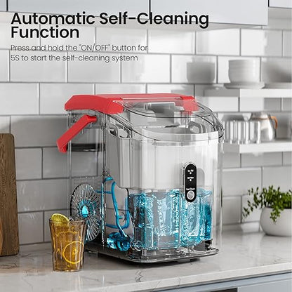 Nugget Ice Maker Countertop with Self-Cleaning Function, 35lbs/Day, Portable Ice Machine with Handle, One-Click Operation, Compact Design, Sonic Pellet Ice for Home(Red)
