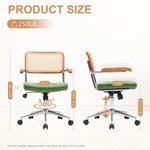 Load image into Gallery viewer, Rattan Office Chairs, Modern Rattan Desk Chair with Natural Back &amp; Wood Armrest, Small Upholstered Tufted Leather Home Office Desk Chairs for Home Office, Bedroom, Study, Green
