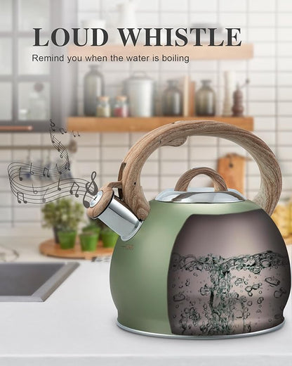Tea Kettle Stovetop, 2.7 Quart Stove Top Whistling Tea Kettle, Teapot Kettles with Food Grade Stainless Steel and Wood Pattern Handle, Suitable for All Heat Sources