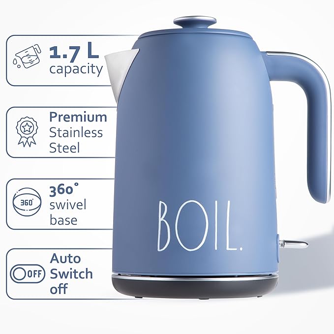 Rae Dunn Electric Hot Water Kettle - Stainless Steel Coffee Maker, Tea Kettle, Swivel Base, With Automatic Shut Off Boil-Dry Protection, Easy Pour Pitcher, 1500 Watt Boiling Power, 1.7 Liters, Navy