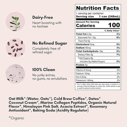 Pop & Bottle, Oat Milk Lattes - Cold Brew with Sustainably Sourced Marine Collagen, MCT Oil, Oat Milk, Organic, Dairy Free, Gluten Free, Great as Iced Coffee, Lightly Sweetened with Dates - Vanilla, 8 Fl Oz (12 Pack)