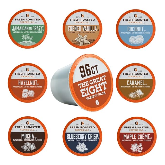 Fresh Roasted Coffee, The Great Eight, Flavored Coffee Pod Variety Pack, K-Cup Compatible, 96 Count