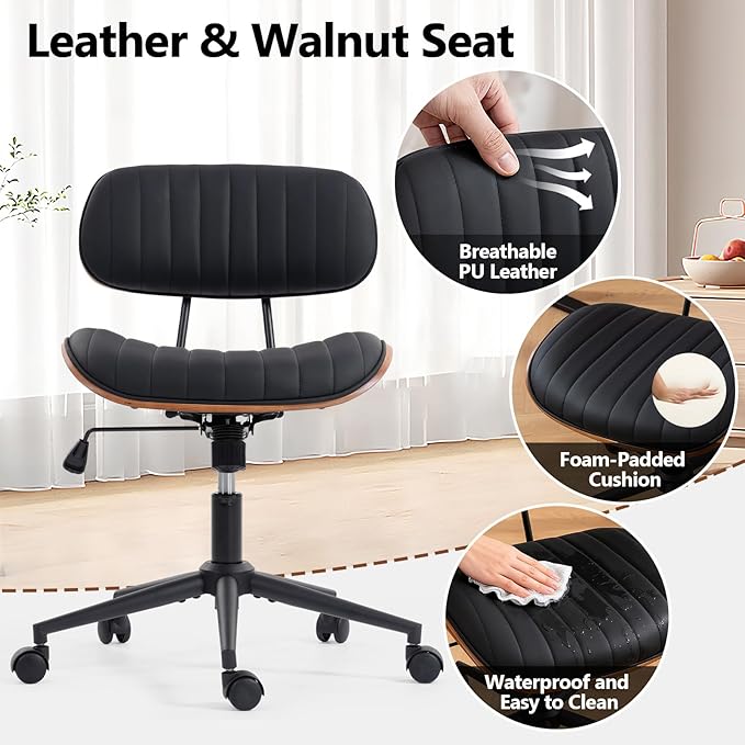 Home Office Chair with Wheels, Adjustable Height Desk Chair Leather Swivel Computer Chair, Armless Modern Walnut Chair for Office, Meeting Room, Black