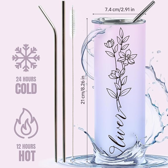 Personalized 20 Oz Stainless Steel Skinny Tumblers with Birth Flower & Name, 24 Colors - Perfect for Birthdays, Anniversaries, and More
