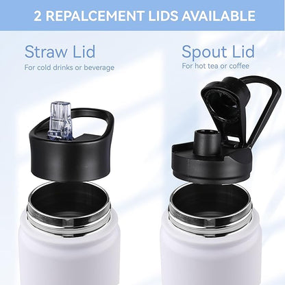 HASLE OUTFITTERS Insulated Water Bottle 22 oz Double Wall Stainless Steel Water Bottle Wide Mouth with Straw Lid & Spout Lid Keeps Cold or Hot(White,8)