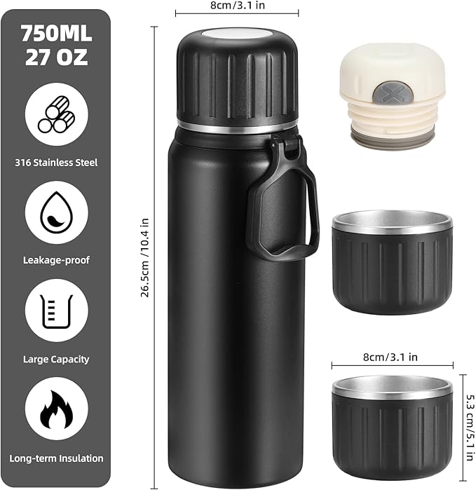 750ml/27 OZ Coffee Thermo with 3 cups, Insulated Water Bottle, Stainless Steel Vacuum Flask Set for Hot and Cold Drinks, Gifts Box