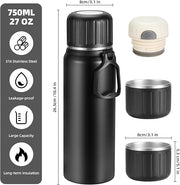 750ml/27 OZ Coffee Thermo with 3 cups, Insulated Water Bottle, Stainless Steel Vacuum Flask Set for Hot and Cold Drinks, Gifts Box